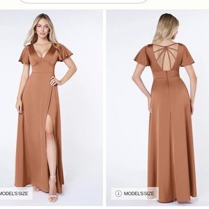 Azazie Brown Maxi Dress with Flutter Sleeves